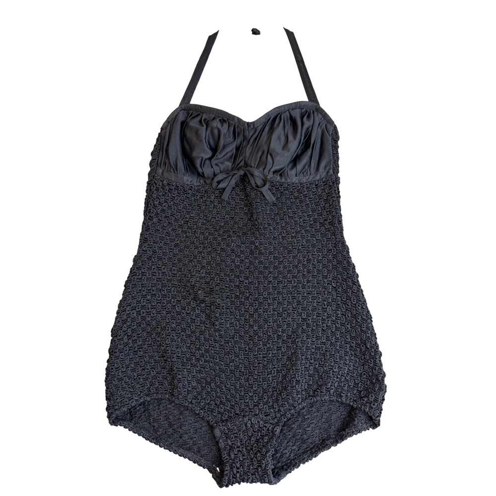 Vintage 50s Retro Pinup Black Smocked Halter Swimsuit Womens L Rockabilly 1950s
